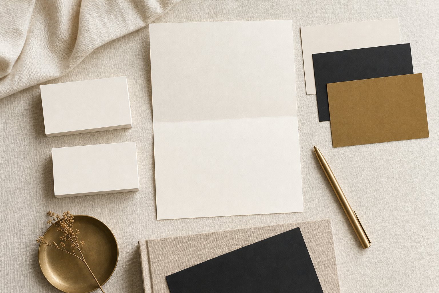 Brand identity stationery flat lay in cream, charcoal and gold